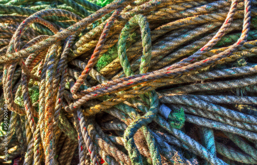 A close up of a pile of fishing ropes