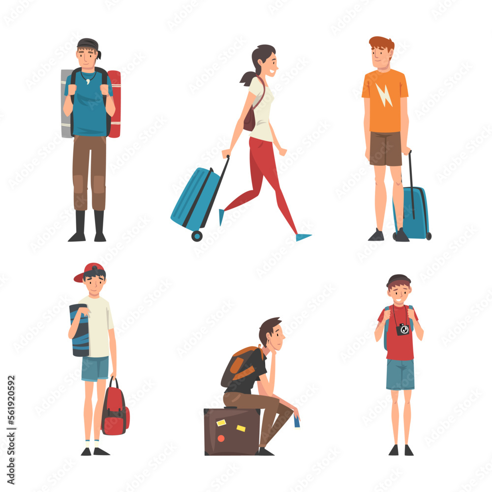 Fototapeta premium People traveling on vacation set. Male and female characters with suitcases having trip cartoon vector illustration