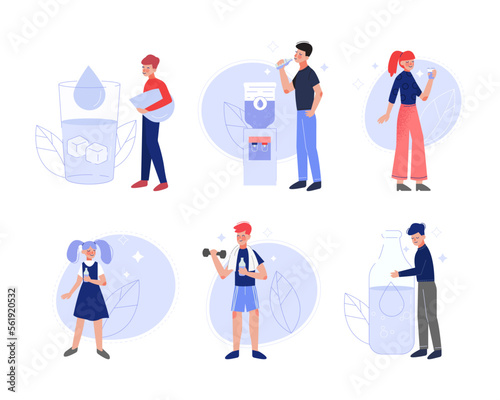Children drinking clear water at water cooler set flat vector illustration