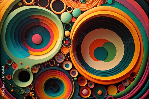  a painting of a multicolored circle with circles on it and a black background with a white circle in the center and a red circle in the middle of the middle of the circle.