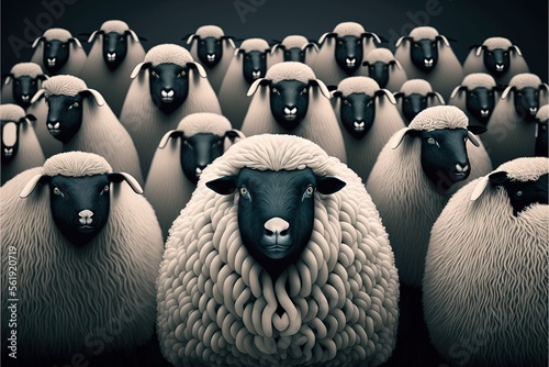  a group of sheep standing next to each other in a field of sheep with black faces and white hair on their heads, all looking different directions, with a black background, with a.