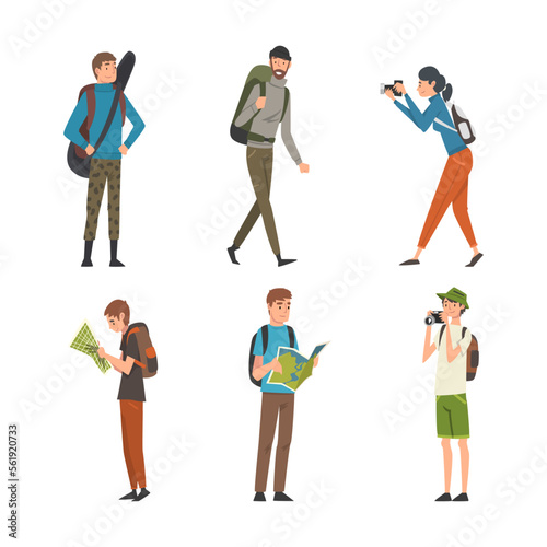 People traveling on vacation set. Male and female characters with backpacks hiking cartoon vector illustration