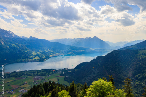 Breathtaking aerial view of Lake Thun and Swiss Alps from Harder Kulm viewpoint  Switzerland