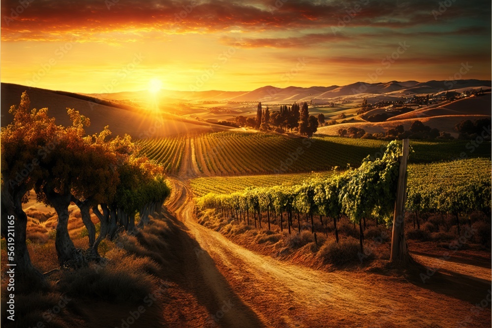  a dirt road leading to a vineyard at sunset with the sun setting in the distance and hills in the background with trees and bushes in the foreground, and a dirt road with a.