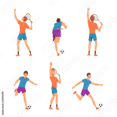 Professional male athletes play soccer and tennis set. Football and tennis players cartoon vector illustration