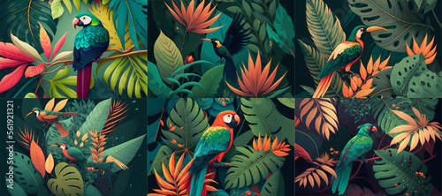 Fototapeta Naklejka Na Ścianę i Meble -  tropical leaves with bird of paradise, jungle background, illustration generative ai design art style