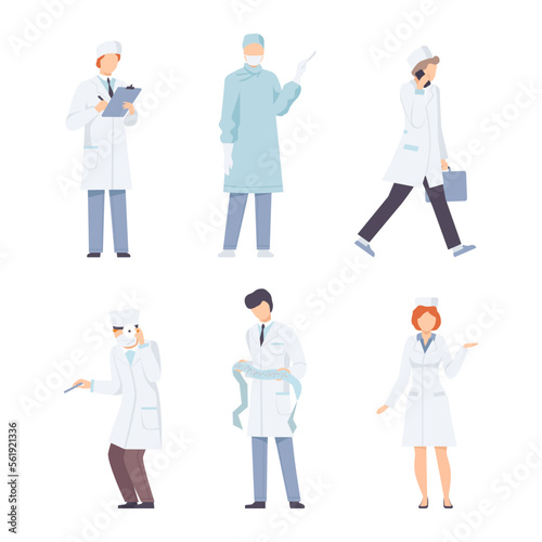 Set of professional doctors in uniform making examination and treatment procedures during work in hospital flat vector illustration
