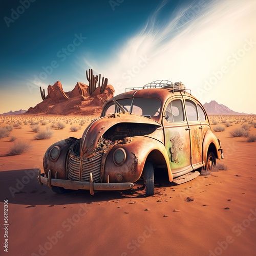 Abandonned rusted car in desert by a sunny day photo