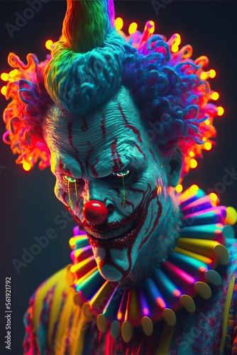 Psychedelic killer clown, horror concept. Generative AI.
