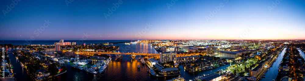 Aerial panoramic photo 17th Street Causeway Bridge Fort Lauderdale at night