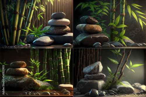 Nature Bamboo, stone wellness spa, meditation background, illustration 3d digital generative ai 