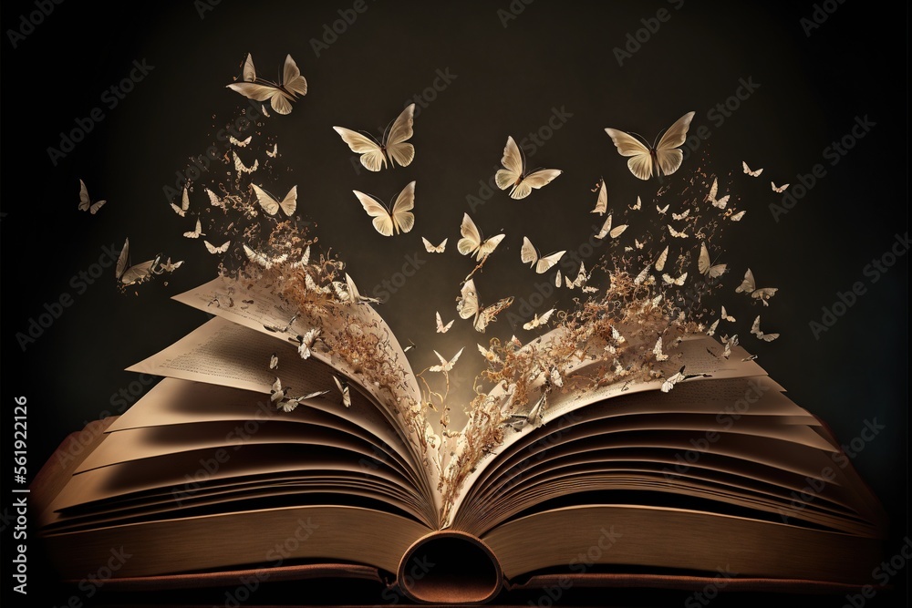 a book with butterflies flying out of it on a table top with a black ...