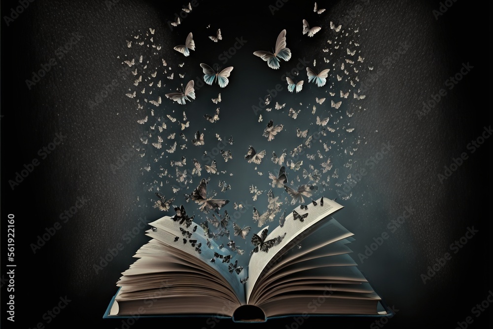 a book with butterflies flying out of it and a book open to the page