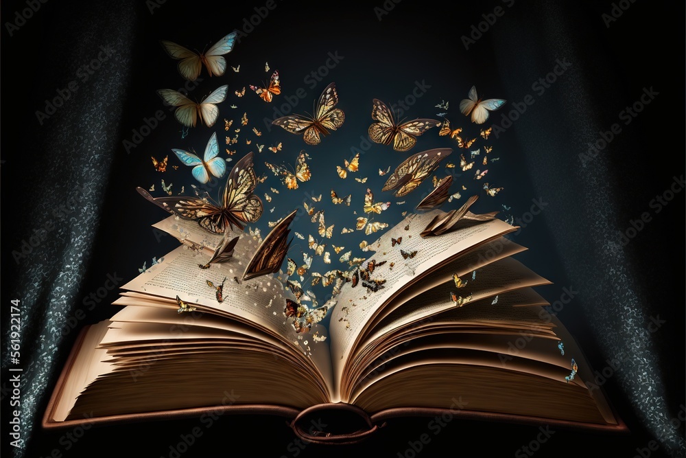 a book with butterflies flying out of it on a black background with a ...
