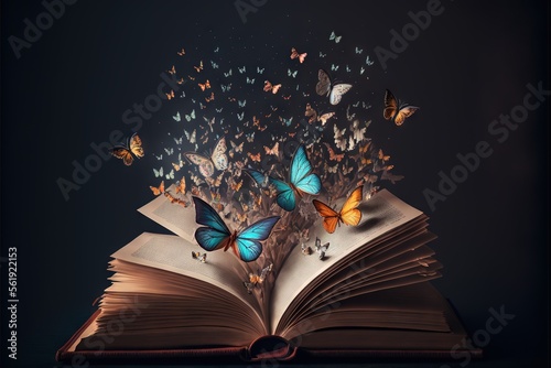  a book with butterflies flying out of it on a table top with a black background and a black background with a black background and a book with a book open with a book on it. © Anna