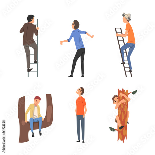 Falling down people set. Male characters falling down from ladder and dropping from altitude cartoon vector illustration isolated on white.