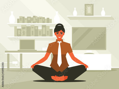 Female office worker meditating in lotus pose. Hold hands in yoga gesture, relaxing meditating. Vector illustration