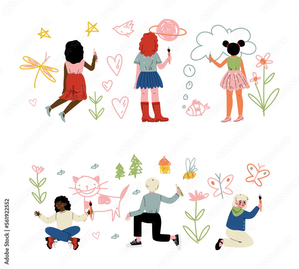 View from behind of boys and girls painting drawings on wall set cartoon vector illustration
