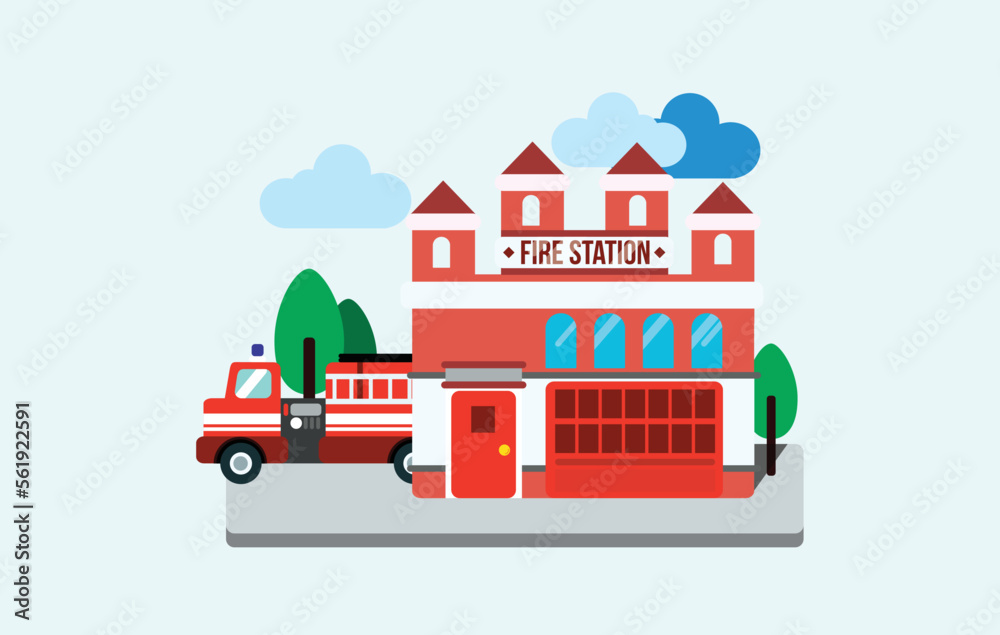 Fire station building exterior with fire engine trucks. Fire department house facade and red emergency vehicle. Vector illustration on light blue background. 