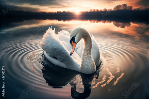 Fototapeta Naklejka Na Ścianę i Meble -  swan on the lake at sunset. Generative AI