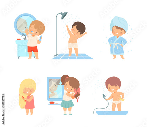 Child morning bathroom routine. Cute kids taking shower, combing hair and brushing teeth cartoon vector illustration