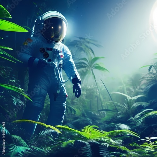 Abstract illustration of an astronaut flying in the jungle.