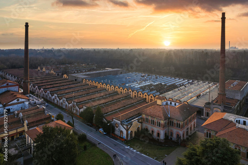 Aerial view of historic worker village of Crespi d'Adda during sunset, Lombardy, Italy photo