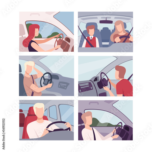 People inside car set. Male and female drivers and passengers characters flat vector illustration