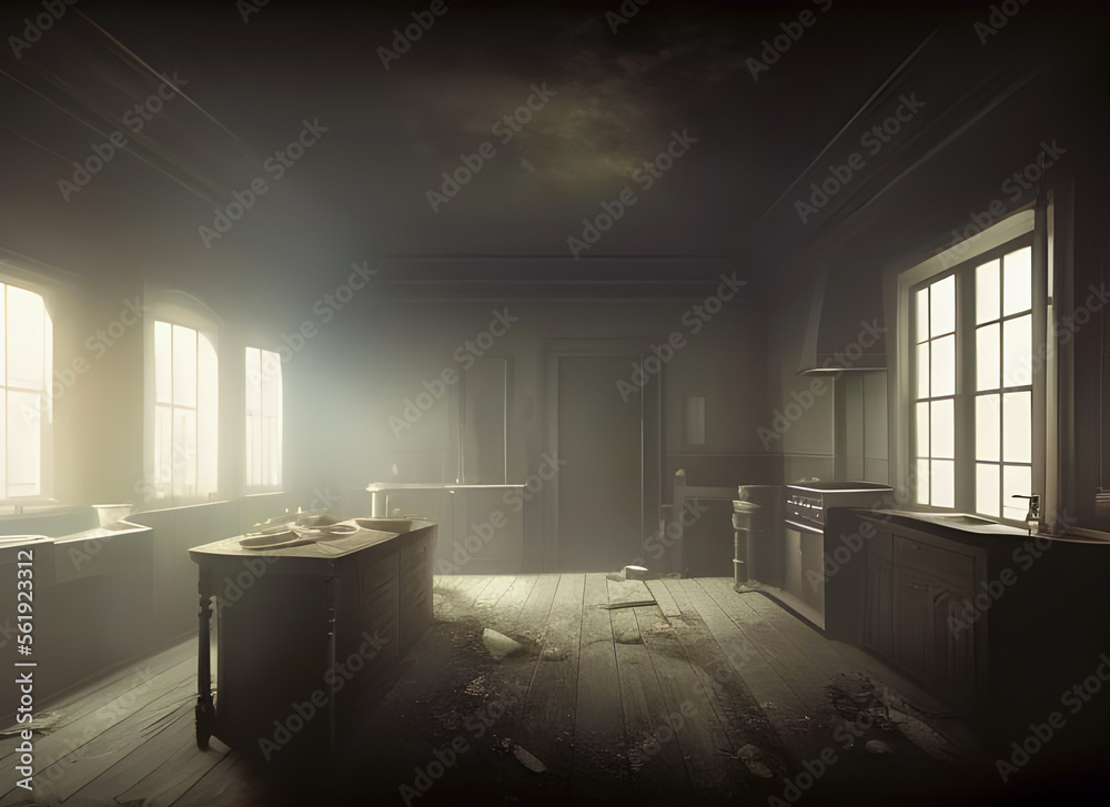Dark atmospheric illustration of an empty abandoned kitchen in an old ...