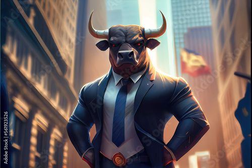 Computer-generated image of a Wall Street Bull in a suit. Wall Street day traders watch the markets, and this represents investors buying stocks, commodities, and more. Generative AI