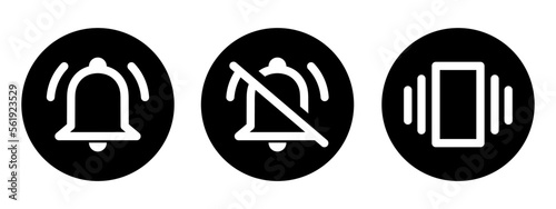 Ringer, Silent, vibrate bells icons black and white. Mute sign. Silent mode or vibrate mode. Notification bell ring icon. Smartphone volume on and off icon. Vector illustration. photo