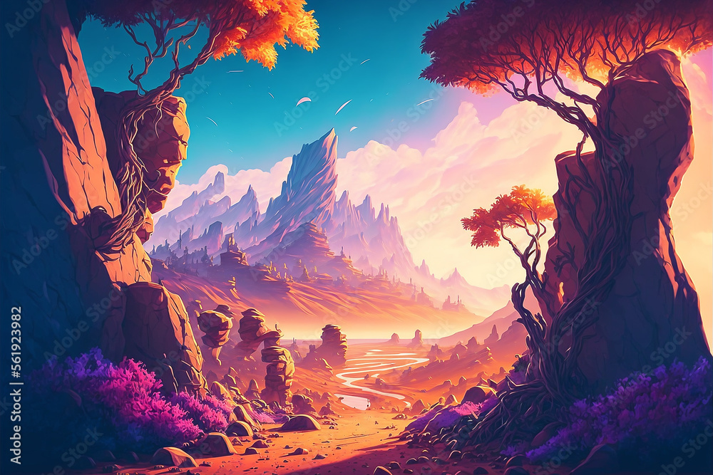 Fantasy landscape background illustration. A path into a canyon with strange mountain in the horizon. Background concept art for game design. 