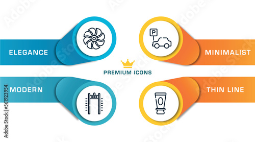 holidays outline icons with infographic template. thin line icons such as ventilation, airport security portal, parking car, skin sunscreen vector.