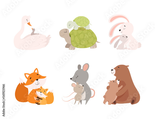 Loving mom animals hugging cubs set. Cute parent and baby animal. Families of goose, turtle, rabbit, fox, mouse, bear cartoon vector illustration