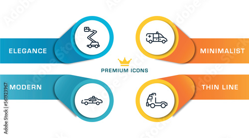 transporters outline icons with infographic template. thin line icons such as aerial lift, police car side view, ambulance side view, pickup truck side view vector.