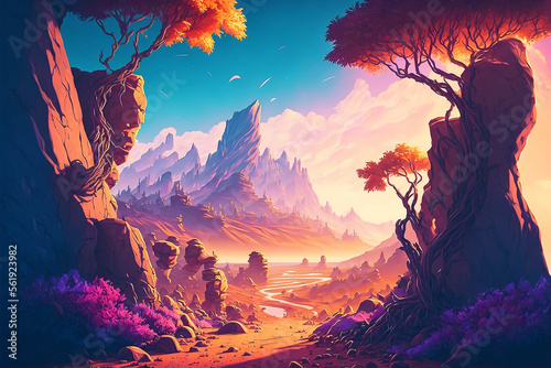 Fantasy landscape background illustration. A path into a canyon with strange mountain in the horizon. Background concept art for game design.  © Etagonam