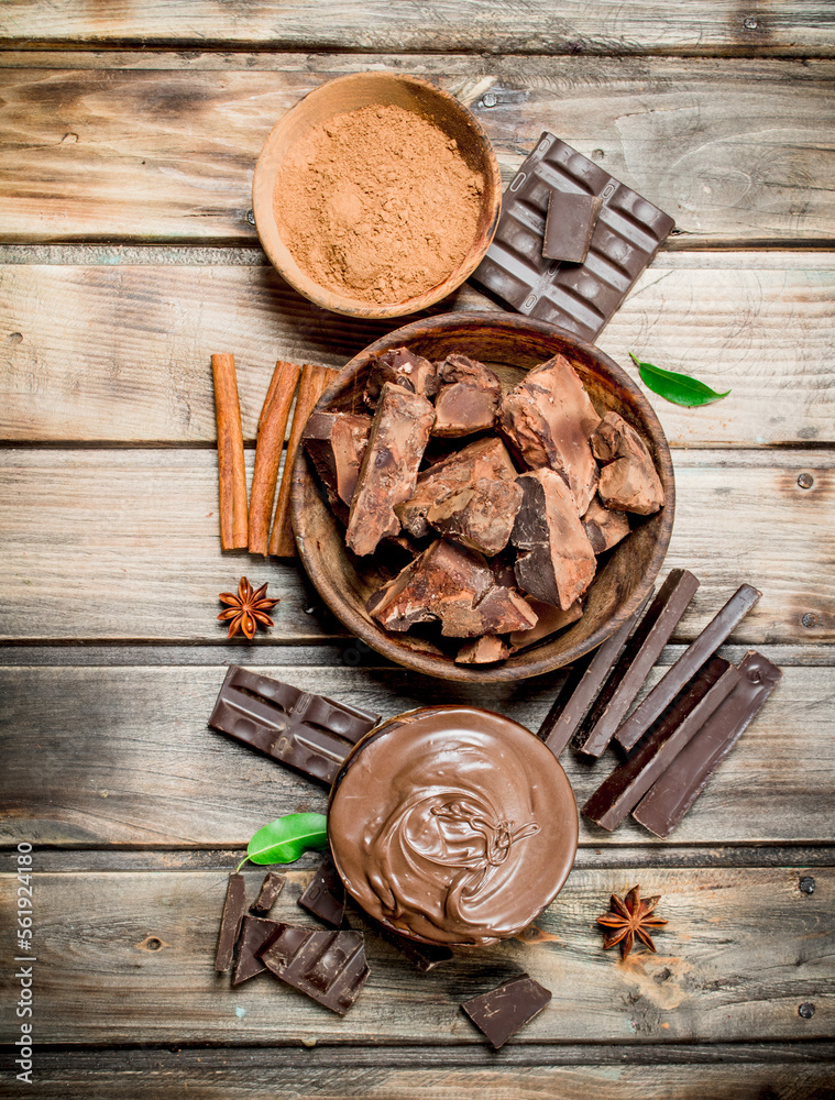 Chunks of crushed chocolate with chocolate paste and ground cocoa. Chunks of crushed chocolate with chocolate paste and ground cocoa.