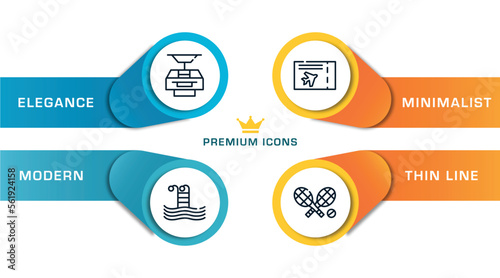 summer outline icons with infographic template. thin line icons such as funicular, swimming pool, plane ticket, rackets vector.