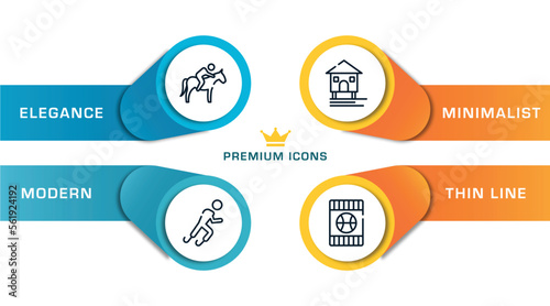 basketball team outline icons with infographic template. thin line icons such as horse riding, paralympics, stilt house, blue card vector.