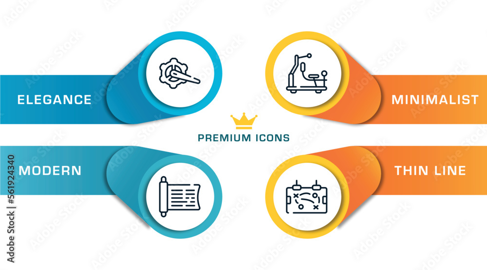 soccer outline icons with infographic template. thin line icons such as crank arm, sacred scriptures, gym station, tactic vector. soccer outline icons with infographic template. thin line icons such as crank arm, sacred scriptures, gym station, tactic vector.