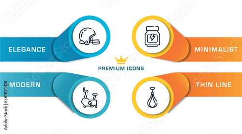 martial arts outline icons with infographic template. thin line icons such as rugby helmet, stationary bicycle, whey protein, speed bag vector.
