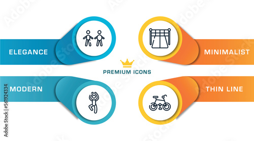 extreme sports outline icons with infographic template. thin line icons such as body mass index, yoga pose, starting point, mountain bike vector.