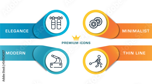 sport equipment outline icons with infographic template. thin line icons such as gas cilinder, handbrake, pit, hammer throwing vector.