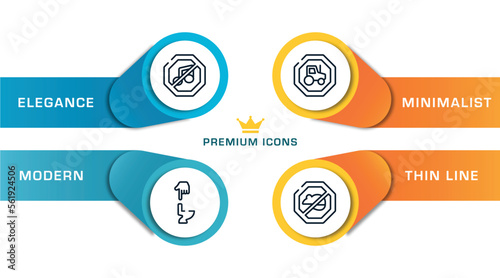 signals & prohitibions outline icons with infographic template. thin line icons such as no music, flush, heavy vehicle, rats vector.