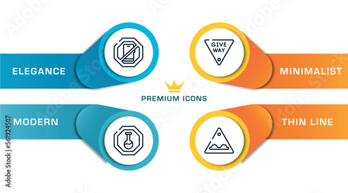 traffic & road signs outline icons with infographic template. thin line icons such as smarthphone, substance, give way, bumps vector.