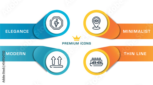 indications outline icons with infographic template. thin line icons such as school zone, lift, tracking, ferry carrying cars vector.