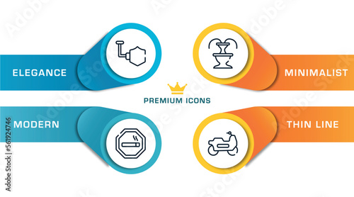 indications outline icons with infographic template. thin line icons such as shield, smoke zone, fountain, motorbike riding vector.