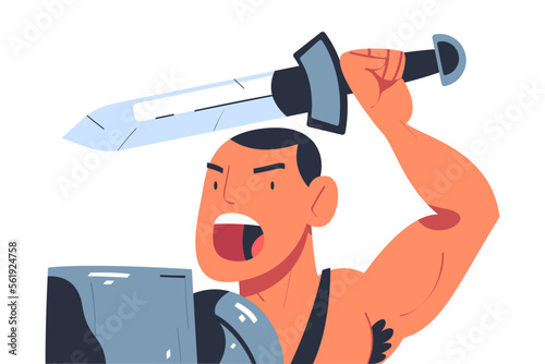 Ancient Man Gladiator as Roman Character with Shield and Sword Vector Illustration