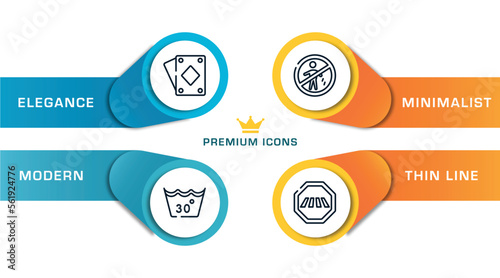 indications outline icons with infographic template. thin line icons such as diamond ace, 30 degree laundry, no littering, crossing road caution vector.