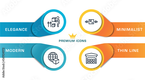 lineal logistic outline icons with infographic template. thin line icons such as lift up, worldwide delivery, use clamps, piles stored vector.